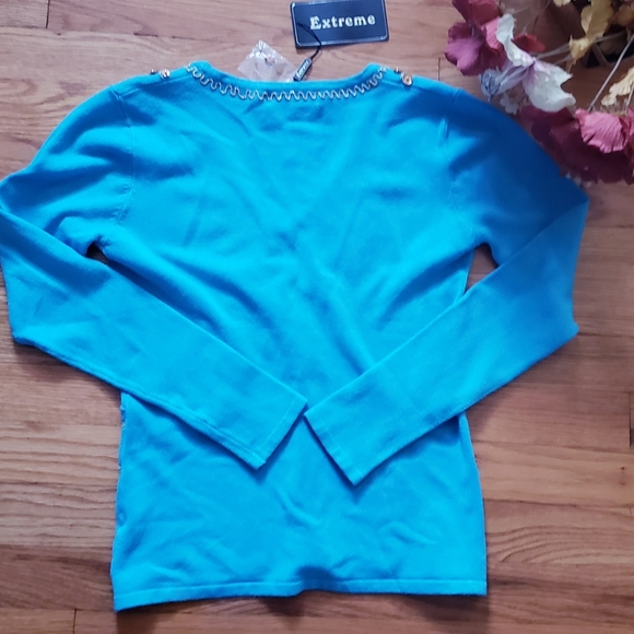 Extreme Turquoise Rare Medium long sleeve sweater rhinestone embroidery - Picture 3 of 6